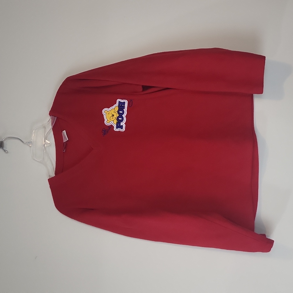 Vtg DISNEY Red Winnie the Pooh Embroidered Fleece V-neck Sweatshirt
